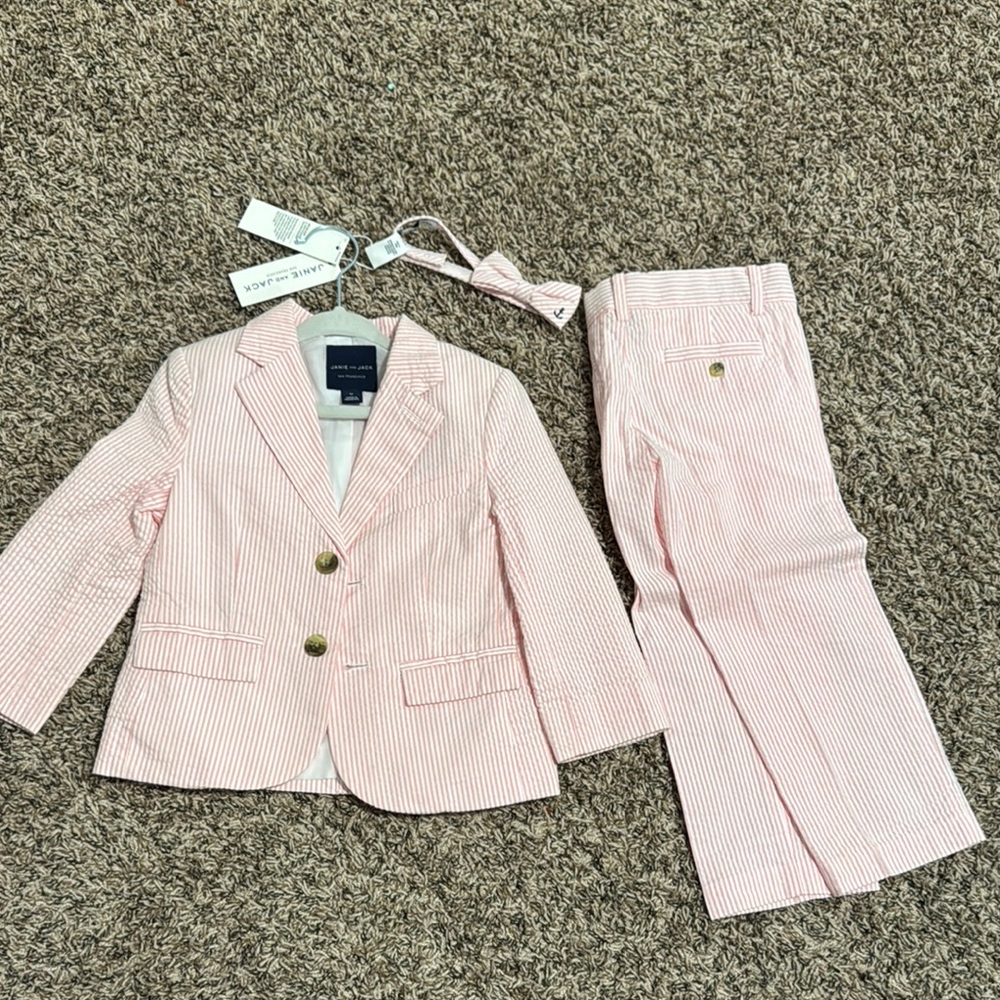 Janie and Jack Pink seersucker Blazer and Pants Set with bow tie